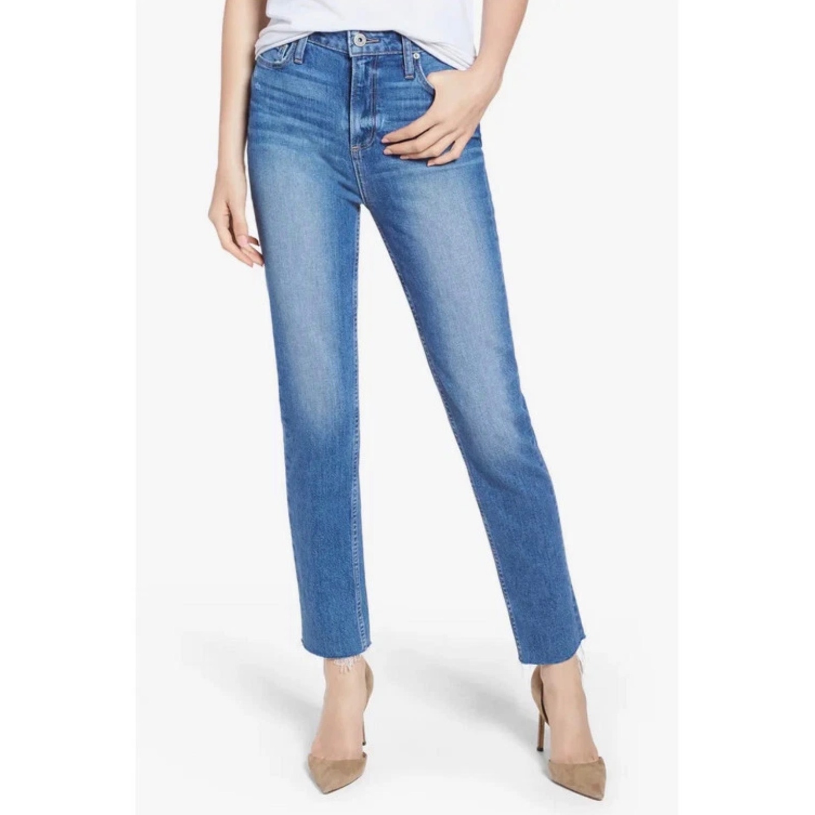 Paige Hoxton Slim High Rise Raw Hem Jeans Medium Wash Blue Denim 1867